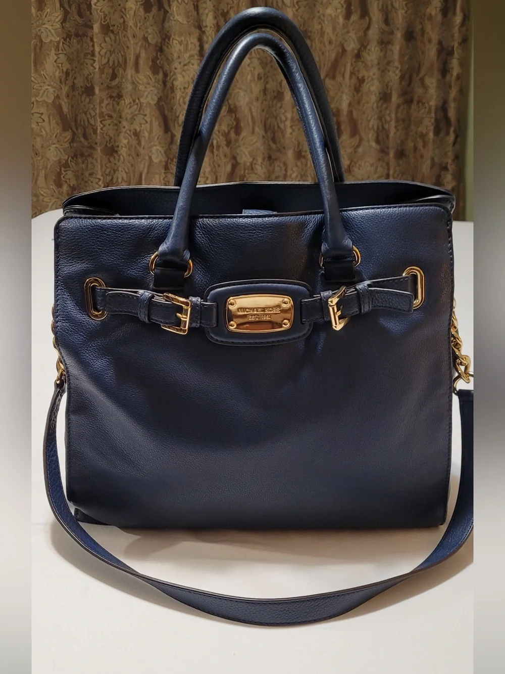 Michael Kors Navy Leather Shoulder Tote with Gold Accents